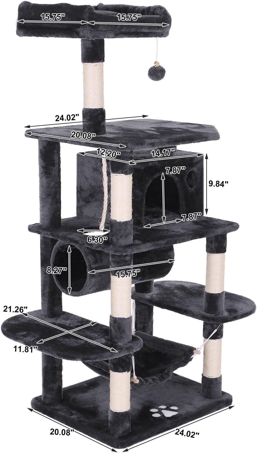 Cat Tree Condo with Sisal Scratching Posts, Perch, Hammock, and Tunnel - Grey MMJ02H