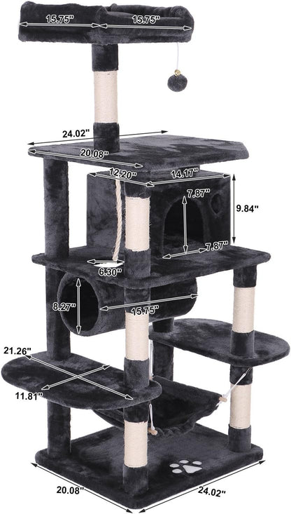 Cat Tree Condo with Sisal Scratching Posts, Perch, Hammock, and Tunnel - Grey MMJ02H