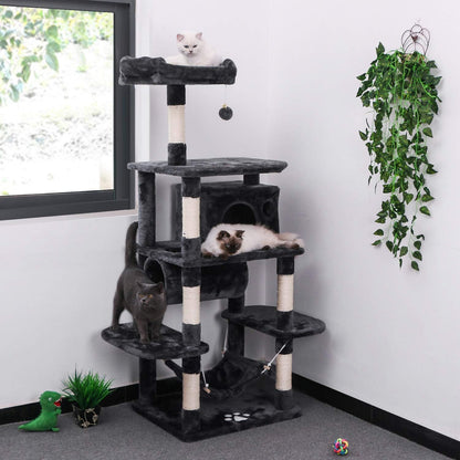 Cat Tree Condo with Sisal Scratching Posts, Perch, Hammock, and Tunnel - Grey MMJ02H