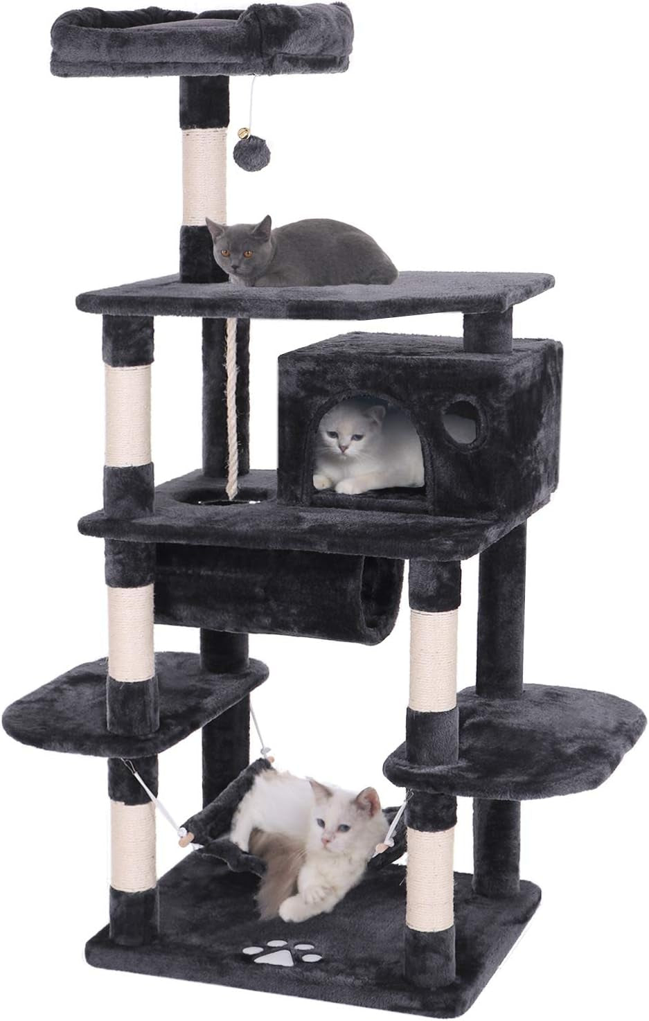 Cat Tree Condo with Sisal Scratching Posts, Perch, Hammock, and Tunnel - Grey MMJ02H