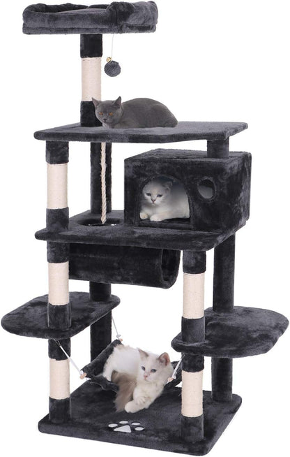Cat Tree Condo with Sisal Scratching Posts, Perch, Hammock, and Tunnel - Grey MMJ02H