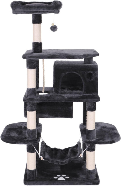 Cat Tree Condo with Sisal Scratching Posts, Perch, Hammock, and Tunnel - Grey MMJ02H